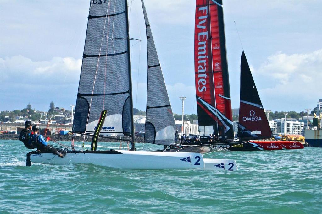 RNZYS Youth program Nacra 20 lines up against the adults - Emirates Team NZ returning from a Test Sail - Dec 6, 2016 © Richard Gladwell www.photosport.co.nz